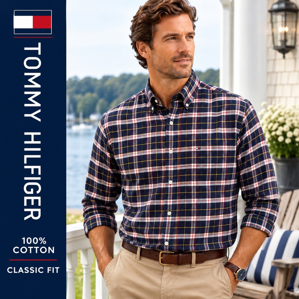 Tommy Hilfiger Button Down Shirt Mens S Navy Blue Plaid Long Sleeve Cotton Logo